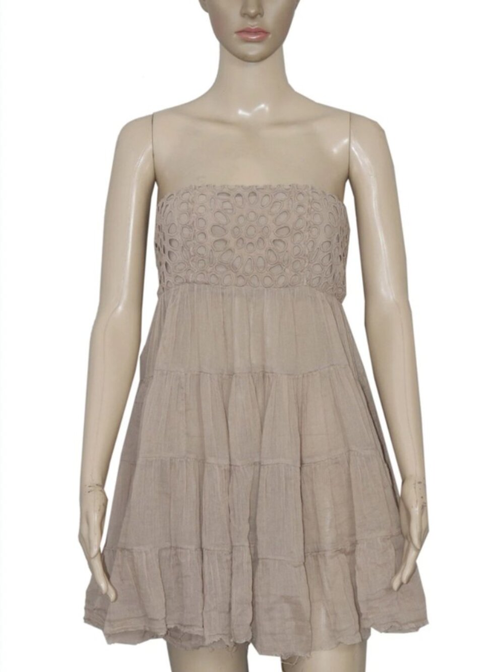 Free People Eyelet Embroidered Smocked Sand Strapless Tiered Tube Mini Dress L